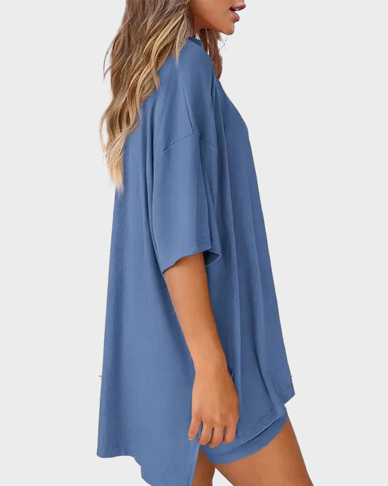 Casual Oversized 2-Piece Lounge Set with Crewneck & Split Hem