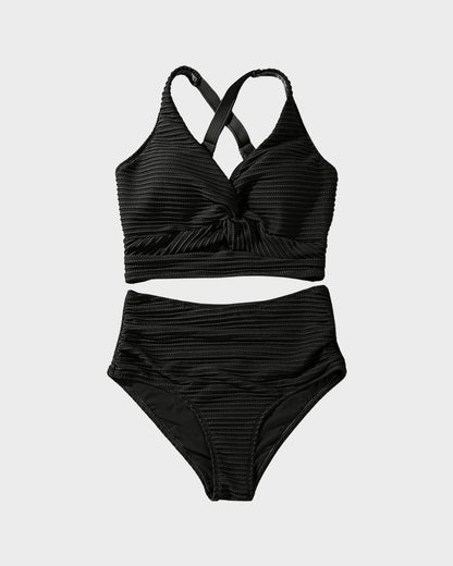 Textured Knot-Front High-Waisted Bikini Set