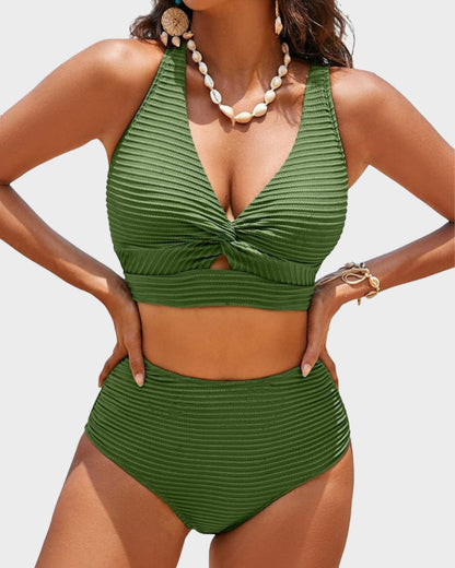 Textured Knot-Front High-Waisted Bikini Set